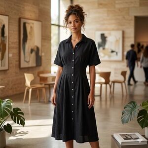 HALSTON Black Linen Blend Button Front Midi Shirtdress Pockets Sz 12